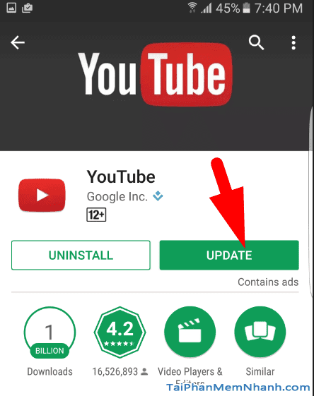 Nhấn nút Update để cập nhật youTube