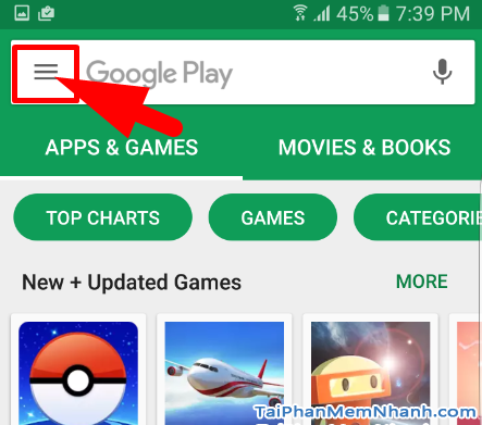 Vào phần menu của Google Play Store